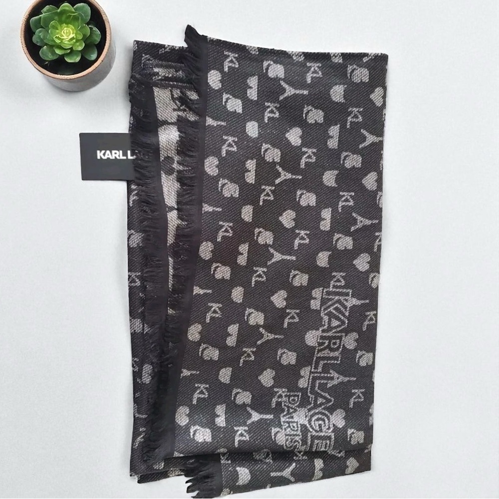 Karl Lagerfeld Black and Silver Metallic Logo Scarf